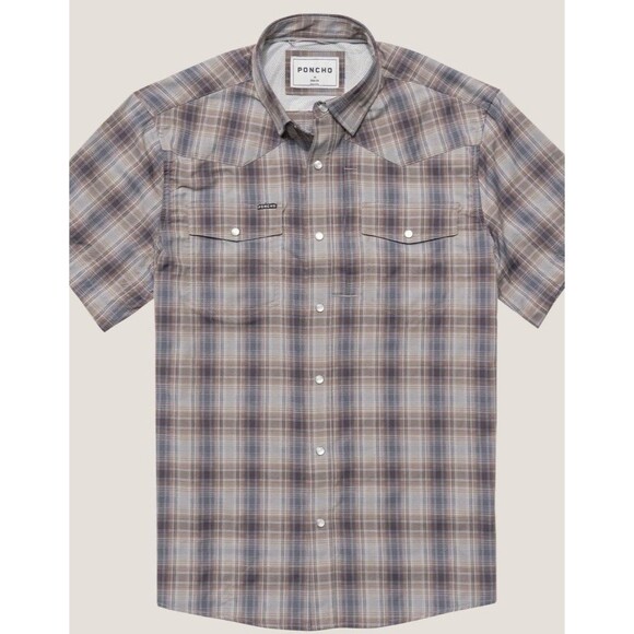 PONCHO Men’s THE DALHART SHORT SLEEVE SHIRT XXL Brown Blue Plaid Fishing Outdoor - Picture 1 of 9
